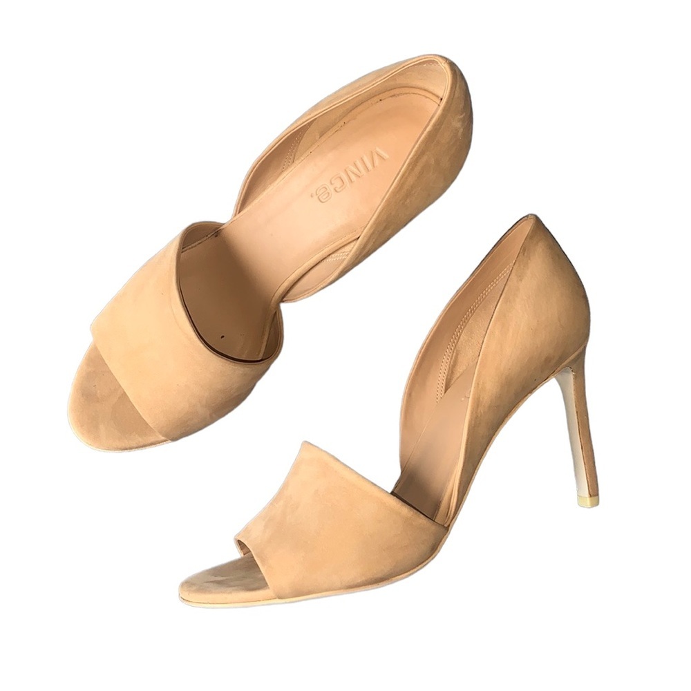 VINCE Saffron Pump nude beige unbuckle dorsal open toe peep slim size 7.5
